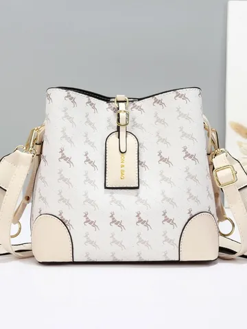 Damen Elegante PU Leder Beuteltasche Hirschdruck Goldene Hardware Breiter Schultergurt Umhängetasche Mehrschichtige Reisehandtasche