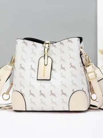 Damen Elegante PU Leder Beuteltasche Hirschdruck Goldene Hardware Breiter Schultergurt Umhängetasche Mehrschichtige Reisehandtasche