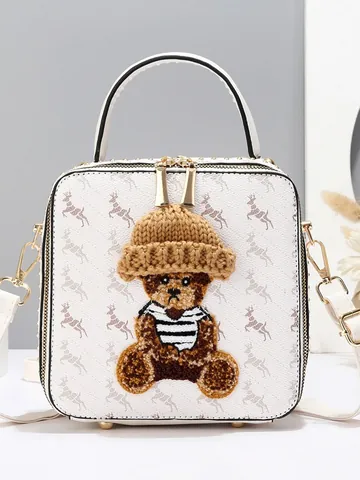 Women Retro PU Leather Box Bag 3D Teddy Bear Animal Deer Print Gold Hardware Shoulder Crossbody Handbag Square Tote