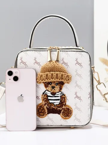 Women Retro PU Leather Box Bag 3D Teddy Bear Animal Deer Print Gold Hardware Shoulder Crossbody Handbag Square Tote