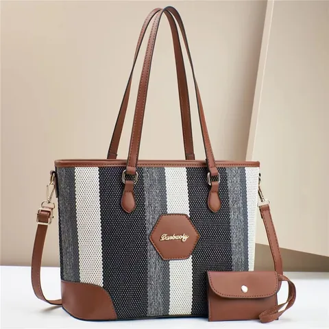 Women Vintage Striped Large Tote Bag With Matching Small Pouch Nylon PU Leather Splicing Handbag Shoulder Bag