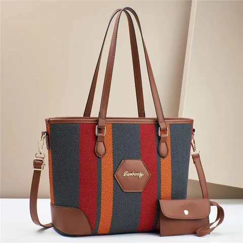 Women Vintage Striped Large Tote Bag With Matching Small Pouch Nylon PU Leather Splicing Handbag Shoulder Bag