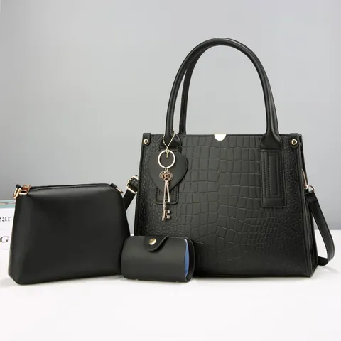 Ensemble de Sacs pour Femmes en Cuir PU Motif Crocodile Sac à Main et Bandoulière et Porte-Cartes Accessoires Dorés Charme de Cœur