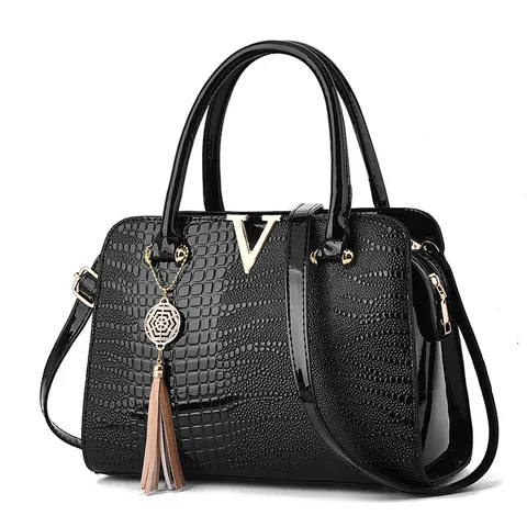 Sac à Main en Cuir PU à Motif Crocodile pour Femmes Boucle Métallique V Gland Sac Fourre-Tout Épaule pour Trajet Quotidien Élégance Bureau