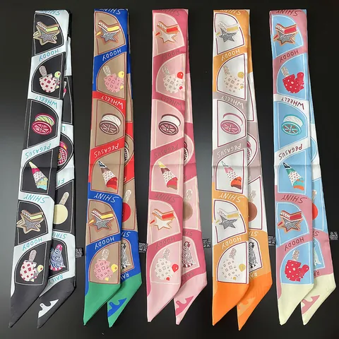 Women Cartoon Illustration Satin Twilly Scarf Elegant Color Block Narrow Handbag Skinny Tie Hair Ribbon Headband Accessory