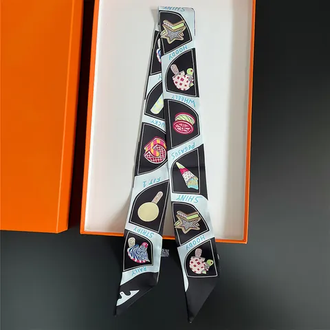 Women Cartoon Illustration Satin Twilly Scarf Elegant Color Block Narrow Handbag Skinny Tie Hair Ribbon Headband Accessory