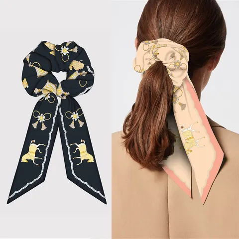 Coletero de Satén con Estampado Ecuestre Vintage Francés con Cinta Larga Borla Lazo Elegante Lazo para el Pelo Mujer
