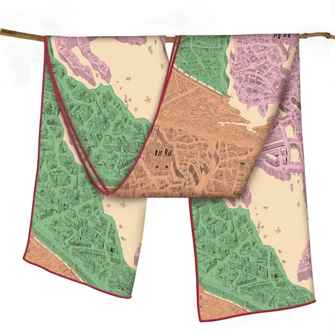 Retro Horse City Map Print Scarf For Women Satin Long Shawl With Hand Rolled Edges Elegant Neck Scarf Accessory
