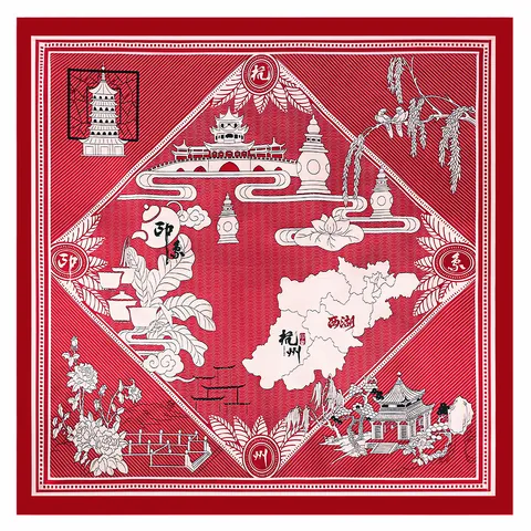 Women Retro Chinese Style Satin Square Scarf Hangzhou West Lake Scenery Print Large Decorative Shawl Elegant Turban Wrap Scarf