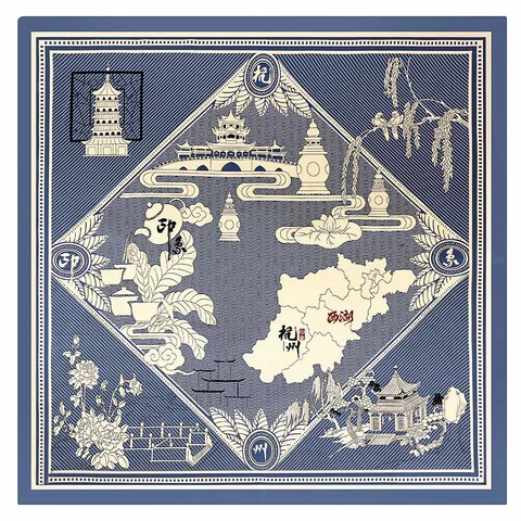 Women Retro Chinese Style Satin Square Scarf Hangzhou West Lake Scenery Print Large Decorative Shawl Elegant Turban Wrap Scarf