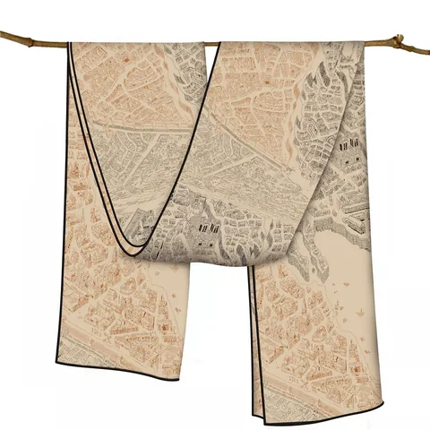 Retro Horse City Map Print Scarf For Women Satin Long Shawl With Hand Rolled Edges Elegant Neck Scarf Accessory