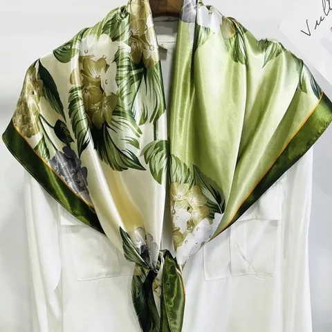 French Style Hydrangea Floral Print Satin Square Scarf Elegant Silk Feel Travel Sunscreen Decorative Shawl For Women Fashion Accessories