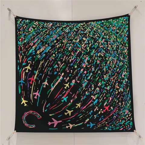 Women's 90cm Satin Square Scarf Airplane Abstract Graffiti Print Large Shawl Sunscreen Neck Scarf Head Scarf Turban Decor