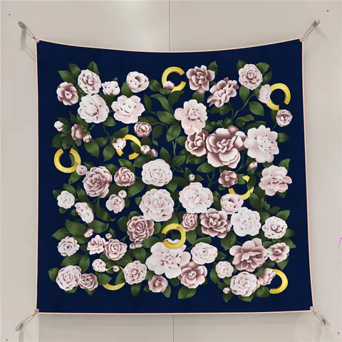 Elegante Pañuelo Cuadrado de Satén con Estampado Floral de Camelia para Mujer Chal Vintage Azul Marino Decorativo Protección Solar