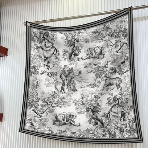 Pañuelo Cuadrado de Satén con Estampado de Animales de la Selva Toile De Jouy Vintage Francés para Mujer Blanco Negro Tigre León Chal Protección Solar