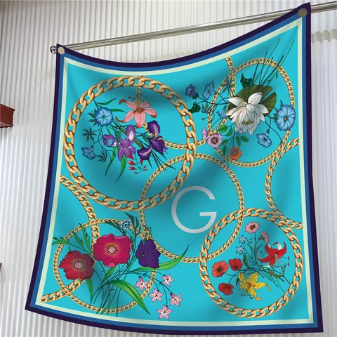 Vintage Luxus Satin Quadratischer Schal Für Damen Blumen Kette Druck Große Kopftuch Sonnenschutz Strandtuch Bright Blue