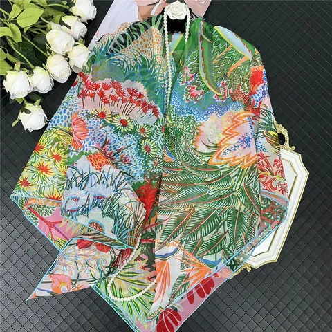 Damen Luxus Tropischer Dschungel Zebra Druck Satin Quadratischer Schal Große Georgette Seidengefühl Stola Boho Strandtuch