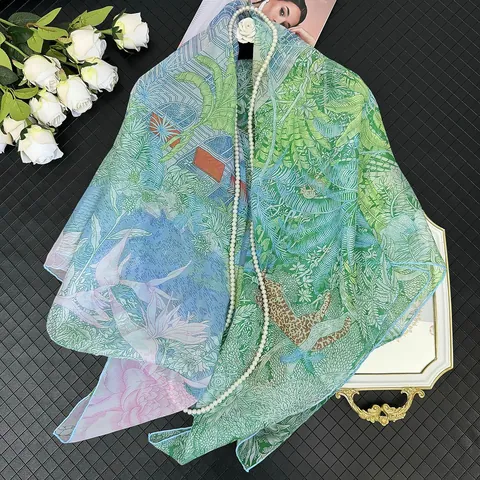 Pañuelo Cuadrado de Georgette Elegante para Mujer Estampado Botánico de Selva Tropical Protección Solar Chal Grande Ligero