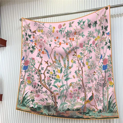 Women Vintage Floral Bird Print Satin Square Scarf Elegant Pink Silk Like Neck Scarf Decorative Chinoiserie Fashion Accessory