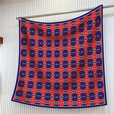 Women Vintage Satin Square Scarf Interlocking Ring Print Professional Neck Scarf Red Navy Blue Silky Decorative Scarf For Office Travel