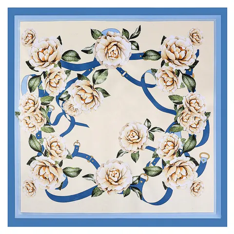 Foulard Quadrato in Satin Retrò da Donna Elegante Stampa a Rose Catena Cintura Simile alla Seta Grande Scialle Decorativo 90cm