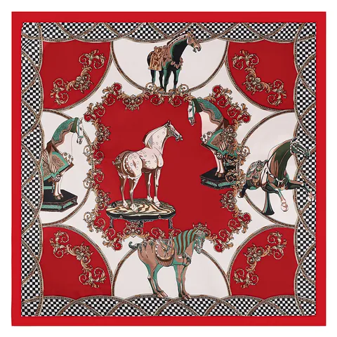 French Palace Horse Print Satin Square Scarf Large Silk Like Shawl Sunscreen Headscarf For Women Elegant Fashion Neck Scarf