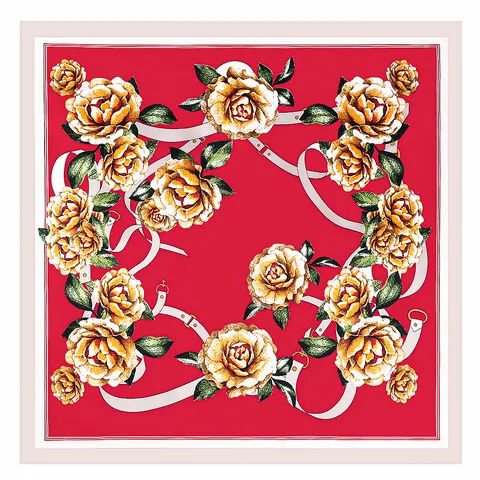 Foulard Quadrato in Satin Retrò da Donna Elegante Stampa a Rose Catena Cintura Simile alla Seta Grande Scialle Decorativo 90cm