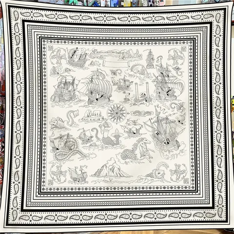 Foulard Quadrato Grande da Donna Retro Nautico Tatuaggio Marinaio Arrotolato a Mano Misto Seta Lana Scialle Beige Nero Paisley