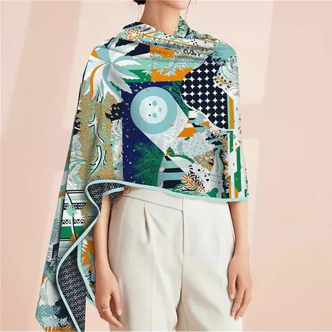 Elegante Sciarpa Lunga In Raso Da Donna Con Stampe Artistiche Di Sole E Piante Scialle Decorativo Accessorio Di Moda Versatile