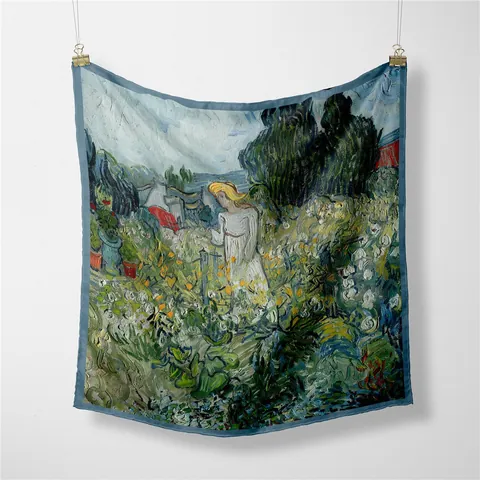 Artistieke Olieverfschilderij Print Satijn Twill Vierkante Sjaal Voor Dames Vintage Bloemenpatroon Decoratieve Elegante Halsdoek