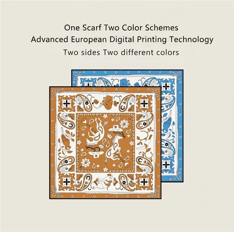 Foulard Quadrato in Satin con Stampa Cavalli 90cm Stampa Digitale Fronte-Retro Twill Effetto Seta Bordo Arrotolato Donna