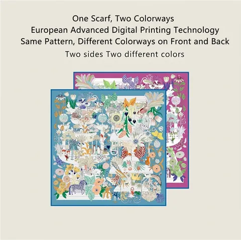 Damen Vintage Satin Schal Großer Quadratischer Schal Doppelseitiger Tier Botanik Druck Luxus Mode Halstuch Haar Schal
