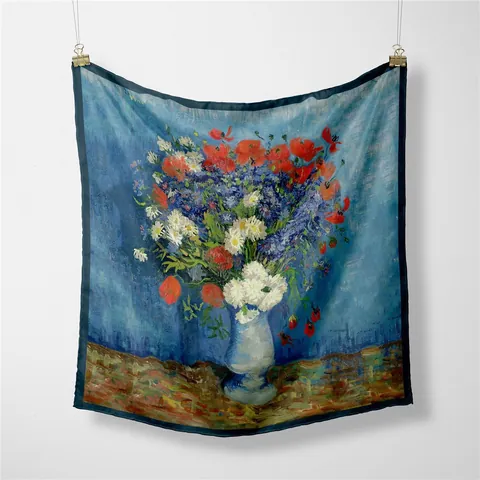 Foulard Quadrato in Raso Con Motivo a Vaso di Rose Pittura a Olio Artistica Stampa Floreale Sciarpa per Donna Bandana Leggera