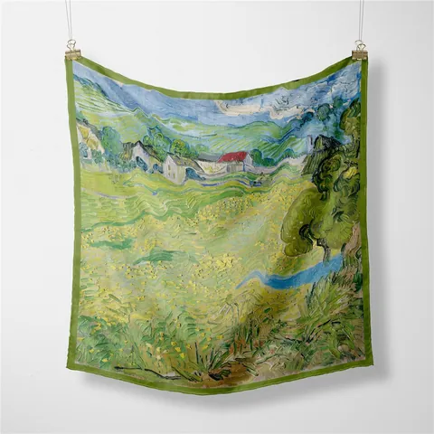 Van Gogh Oil Painting Auvers Landscape Print Square Scarf Satin Polyester Silk Feel Neckerchief Artistic Fashion Headscarf Women Accessories