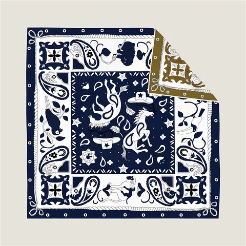 Foulard Quadrato in Raso di Lusso da Donna Vintage Stampa Paisley Equestre Occidentale Doppio Lato Bordo Arrotolato Sciarpa