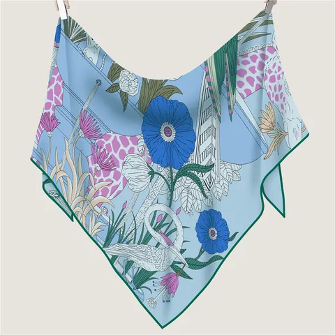 Women Vintage Bohemian Giraffe Illustration Print Triangular Satin Scarf Large Shawl Sun Protection Travel Decorative Wrap