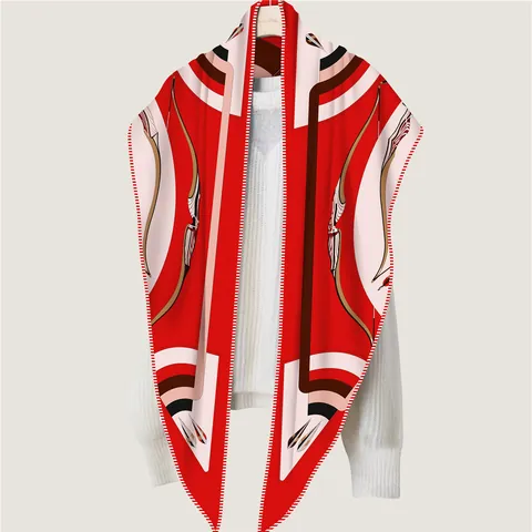 Women Elegant Archery Pattern Triangle Scarf Warm Cashmere-Like Satin Shawl Wrap Vintage Winter Neck Warmer For Women