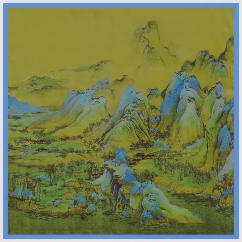 Foulard Quadrato in Raso con Pittura di Paesaggio Cinese Tradizionale Elegante Scialle da Donna in Stile Nazionale Grandi Avvolgenti Leggeri