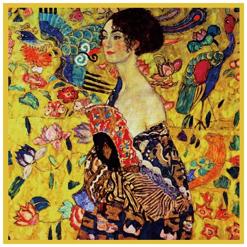 Klimt Lady With A Fan Oil Painting Art Pattern Satin Square Scarf For Women Decorative Elegant Shawl Wrap Hair Accessory