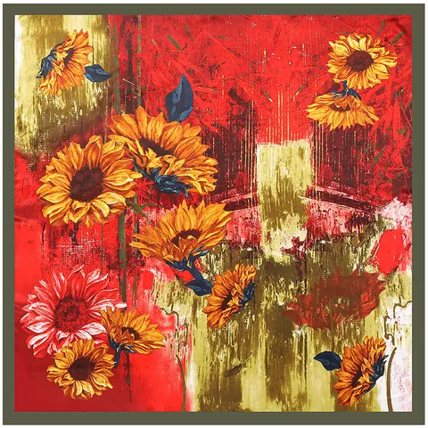 Women Artistic Oil Painting Sunflower Print Satin Square Scarf Large Silk-Like Decorative Shawl Wrap Headscarf For Autumn