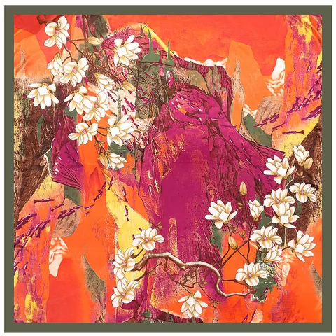 Pañuelo Cuadrado de Satén con Pintura al Óleo de Magnolia Vintage Chal Grande para Mujer Elegante Tacto de Seda Decorativo