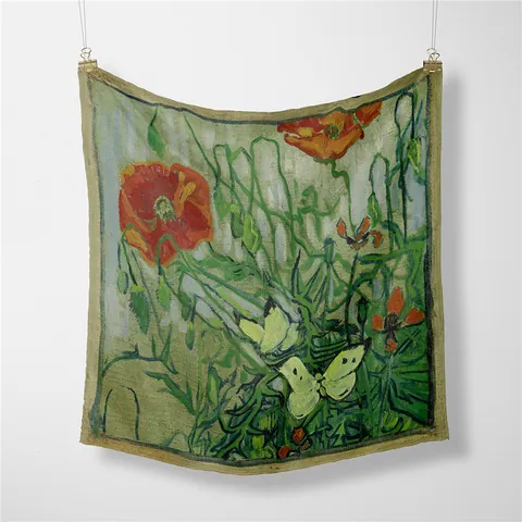 Van Gogh Oil Painting Butterfly Poppy Flower Print Satin Small Square Scarf For Women Artistic Decorative Neck Scarf Handkerchief