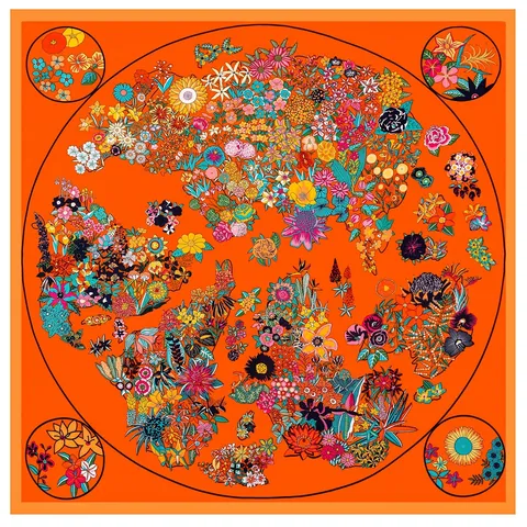 Franse Vintage Satijn Bloemen Wereldkaart Vierkante Sjaal Voor Vrouwen Grote Zijdeachtig Gevoel Shawl Alle Seizoenen Mode Accessoire