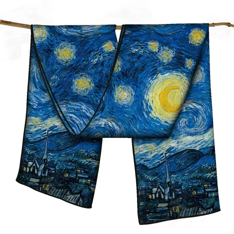 Women's Satin Scarf Van Gogh Art Oil Painting Series Starry Night Sunflowers Almond Blossoms Print Long Shawl Elegant Wrap Shawl