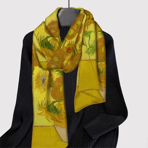 Van Gogh Sunflower Print Long Satin Scarf For Women Vintage Artistic French Style Shawl Wrap Decorative Neck Scarf