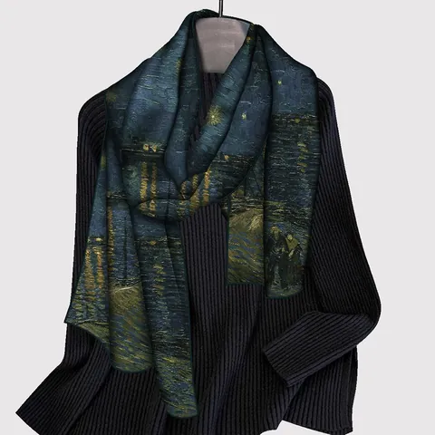 Künstlerisch Sternennacht Ölgemälde Druck Satin Schal Elegant Leicht Lang Stola Für Damen Mode Dekoratives Accessoire Geschenk