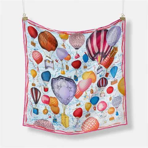 French Style Vintage Hot Air Balloon Satin Square Scarf For Women Elegant Printed Neckerchief Silk Like Hair Band Headscarf