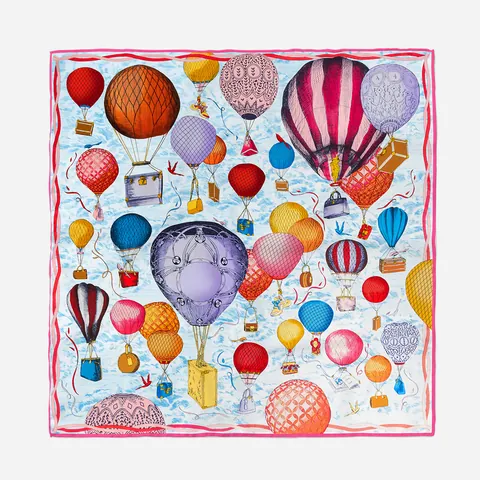 French Style Vintage Hot Air Balloon Satin Square Scarf For Women Elegant Printed Neckerchief Silk Like Hair Band Headscarf