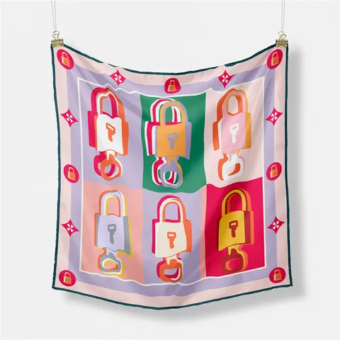 French Style Color Block Satin Square Scarf Women Padlock Key Pattern Print Decorative Neck Head Scarf Fashion Twill Scarf Accessory