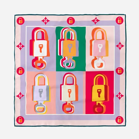 French Style Color Block Satin Square Scarf Women Padlock Key Pattern Print Decorative Neck Head Scarf Fashion Twill Scarf Accessory